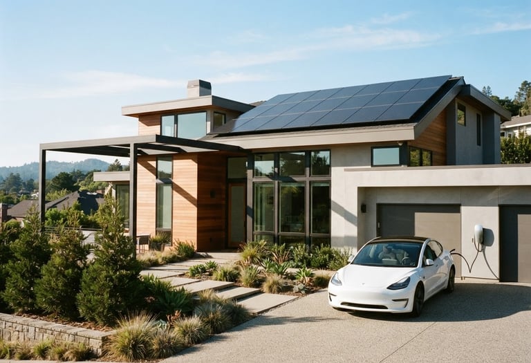 Sleek modern house exterior with solar panels on the roof and an electric vehicle charging in the driveway, bright morning sun, architectural framing, 35mm lens