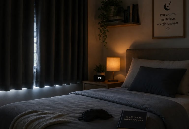 Cozy dark bedroom interior with a warm lamp, sleep mask, and book for relaxing nap time.