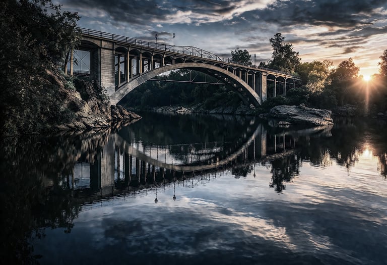 Moody view of Rainbow Bridge in Folsom, California overlooking the American River