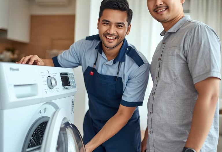 Técnico de geladeira de BH sorrindo ao lado de cliente