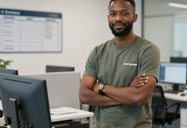 A professional courier handing over a package with a friendly smile in front of a blue and white branded Zaid Express van.