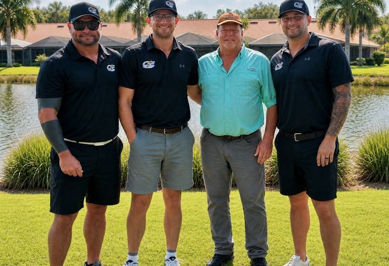 Owners of Caloosa Electric Service standing together in Southwest Florida wearing branded company ap