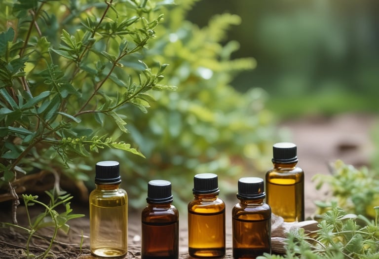 Close-up of hands mixing essential oils in glass bottles during a cozy aromatherapy class.