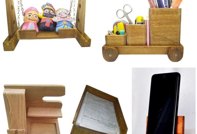 a collection of wooden desk accessories including a desk organizer