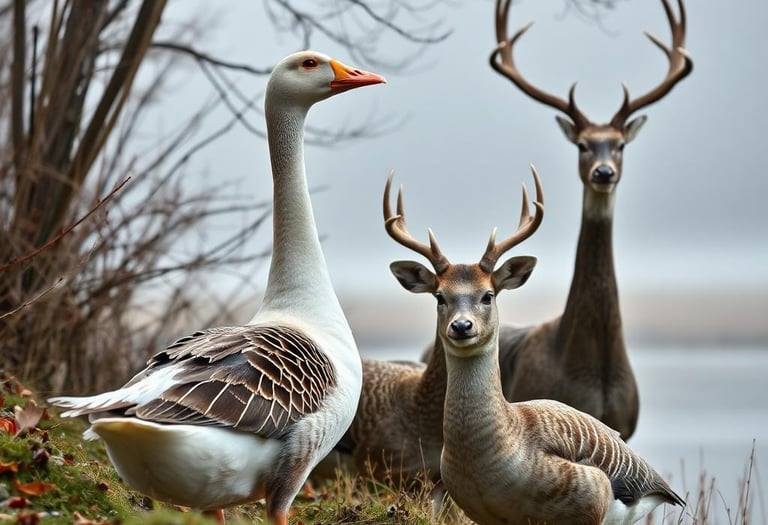 Surreal digital art of a white goose standing next to deer with antlers in a misty forest.
