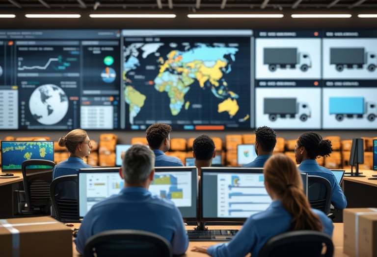 a group of people in a room with multiple monitors