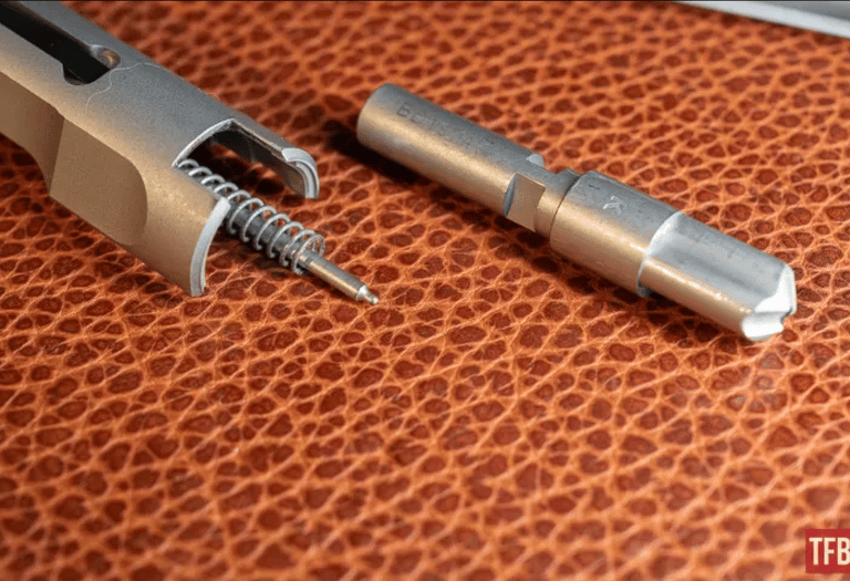 Zerlegter Mean Arms Bearing Delayed Verschluss mit eingesetztem Schlagbolzen und Steuerstück daneben