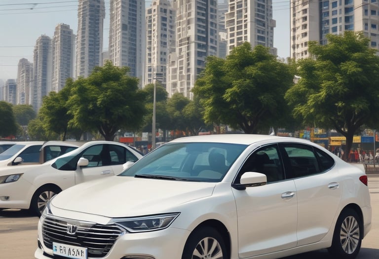 A yellow bus with the word 'TRANSITOLÂNDIA' displayed on the front is parked on a dirt surface. The bus has a distinct front design with large windows and visible windshield wipers. Part of a car is visible next to it. In the background, there are utility poles and buildings under a cloudy sky with patches of blue.