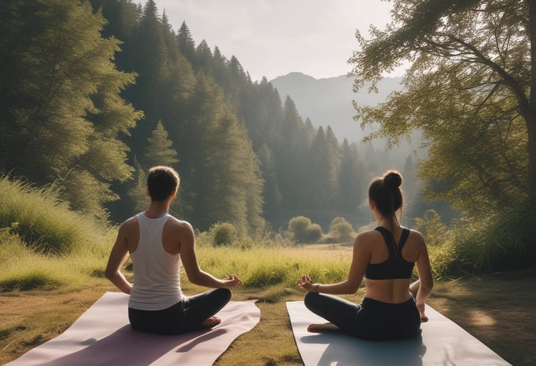 A person is meditating in a seated position with crossed legs on a rock, surrounded by a natural landscape with hills and a clear sky in the background. The individual is wearing a gray t-shirt, shorts, a beanie, and has a relaxed posture with hands resting on their knees.
