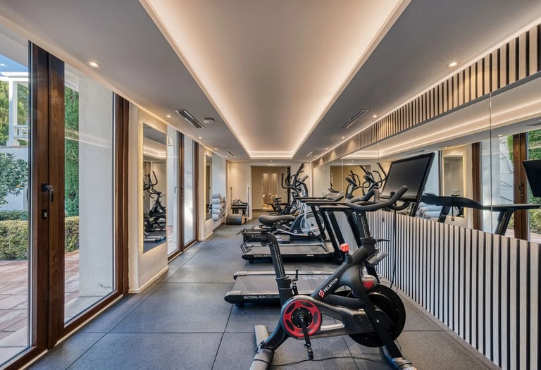 Private gym with cardio equipment and mirrored walls