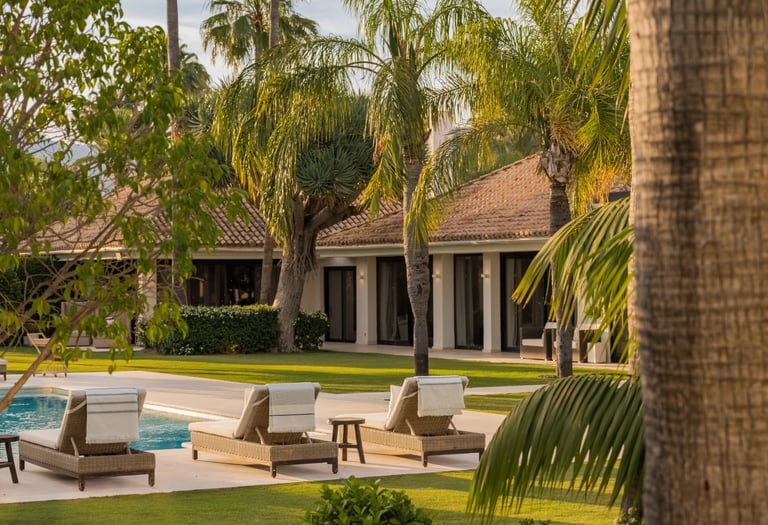 Sun loungers and palm garden by the pool at Villa El Olivo, Marbella Golf Valley.