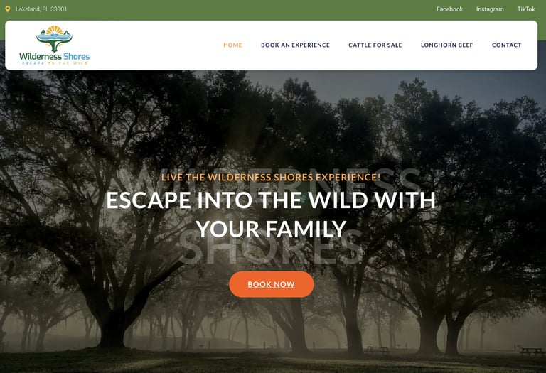 wilderness shores website banner with the tagline 'escape into the wild with your family'