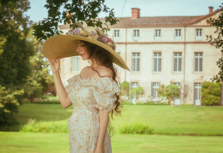 Photo portrait d'une jeune femme en robe vintage devant un château