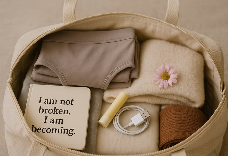 A neatly packed hospital bag with soft clothing, lip balm, a charger and a tiny flower
