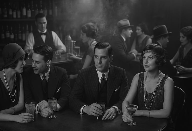 Black-and-white photo of a 1920s Speakeasy—elegantly dressed men and women in a smoky, secretive bar