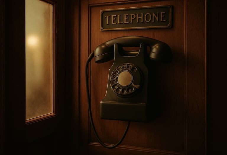 A vintage phone booth in soft lighting, with an old rotary phone and a hint of mystery around it.