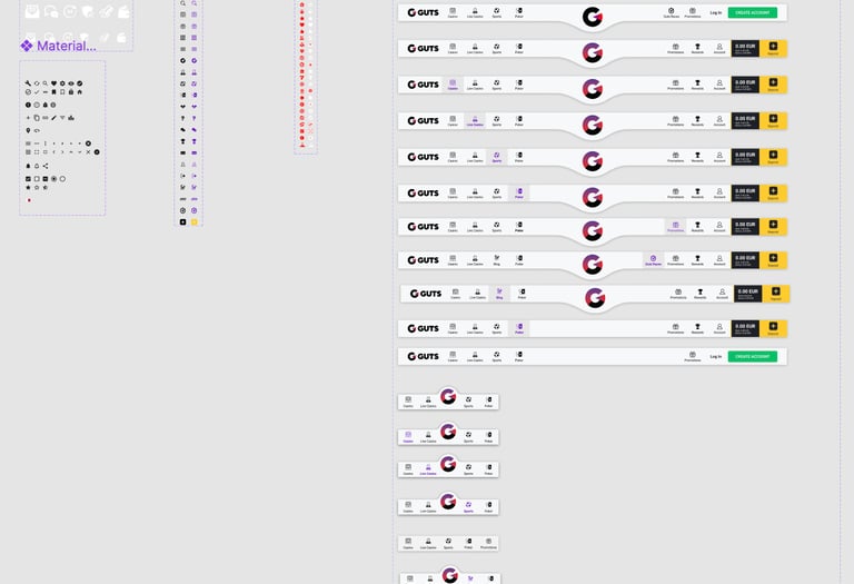 Guts design system—icon sets and multi-variant navigation bars using the heritage “nav bump” pattern