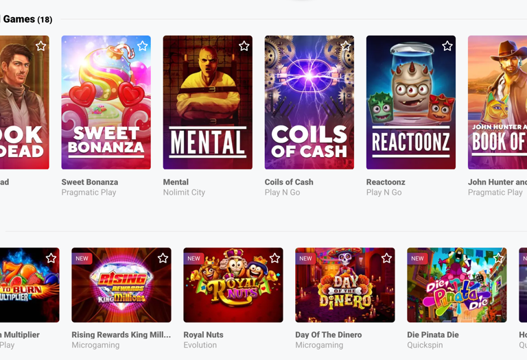 Guts game library—‘Featured Games’ and ‘New’ sections with large thumbnails and favorite stars