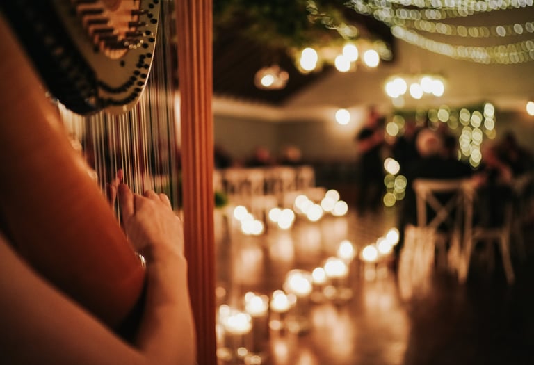 Wedding ceremony with room lit by numerous candles. Harp being performed is focus of the picture.