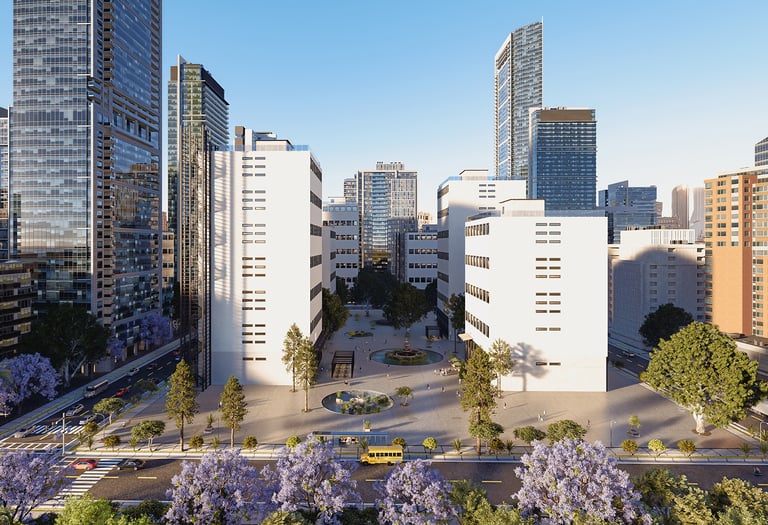 3D render of a generic city with tall skyscrapers and traffic