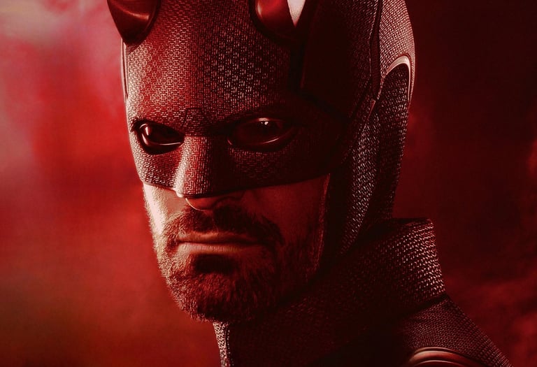 a man in a black suit and red devil horns