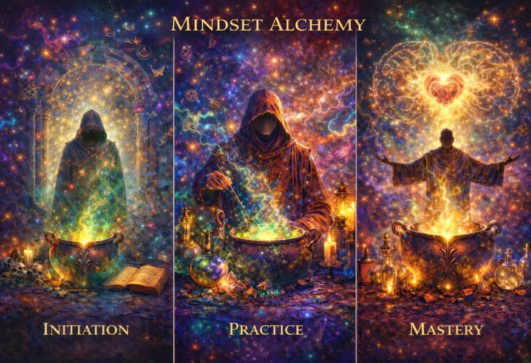 Digital art showing a hooded alchemist's journey through Initiation, Practice, and Mastery phases with magic cauldrons.