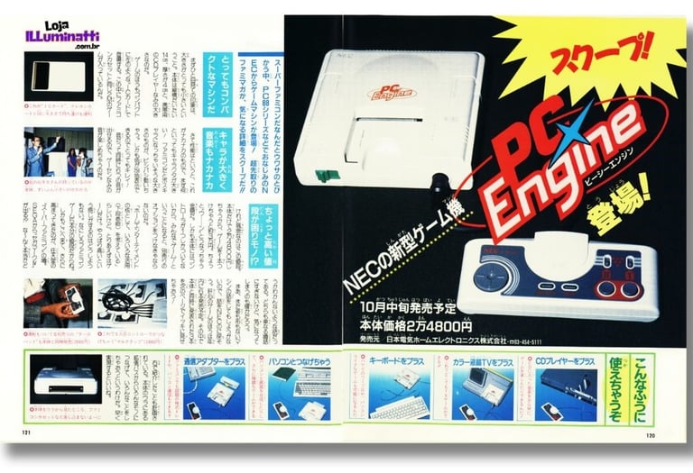 Imagem das páginas 120 e 121 da Revista Famimaga 18 set 1987 e o anúncio do lançamento do PC-Engine