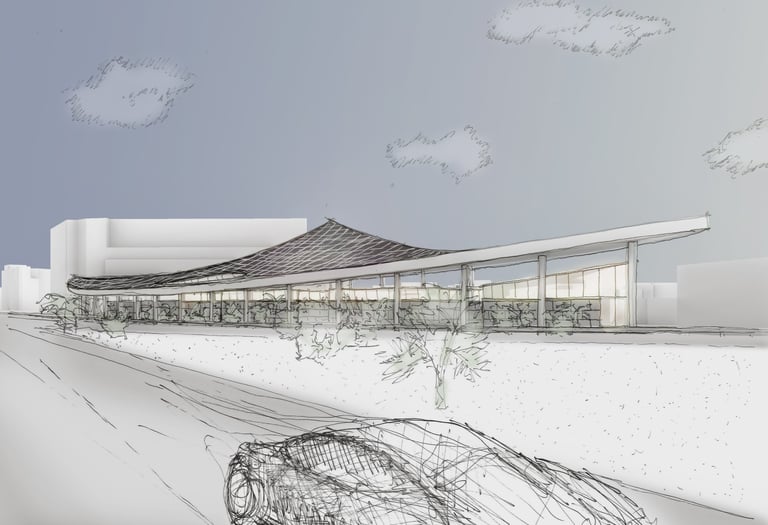 a sketch of a car and a building