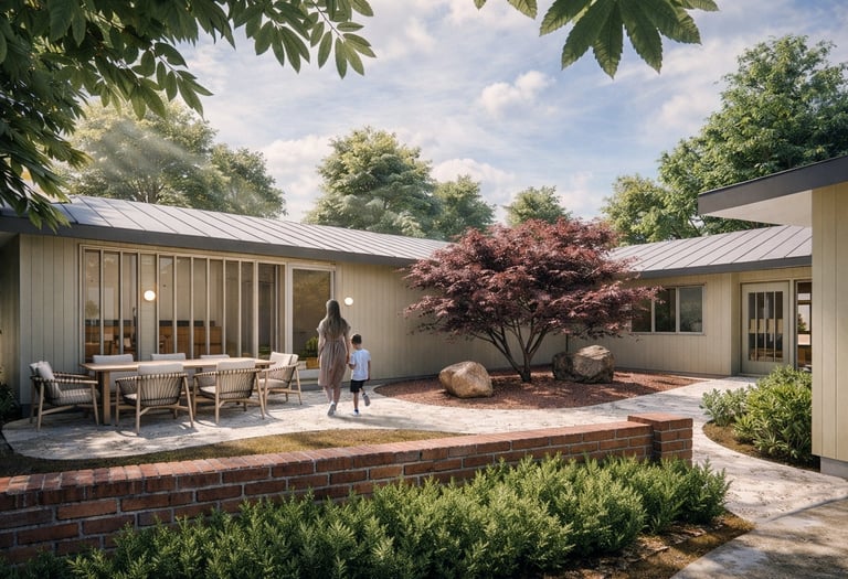 Mid-century rambler featuring a landscaped patio with outdoor dining and a red Japanese maple tree.