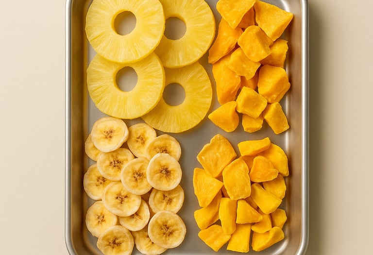 Dehydrated mango, banana, and pineapple on export tray – Royal Market