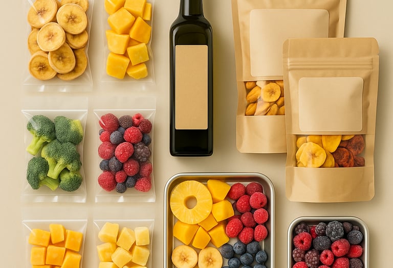 Private-label food products – dried fruits, IQF produce, and avocado oil in generic packaging – Roya