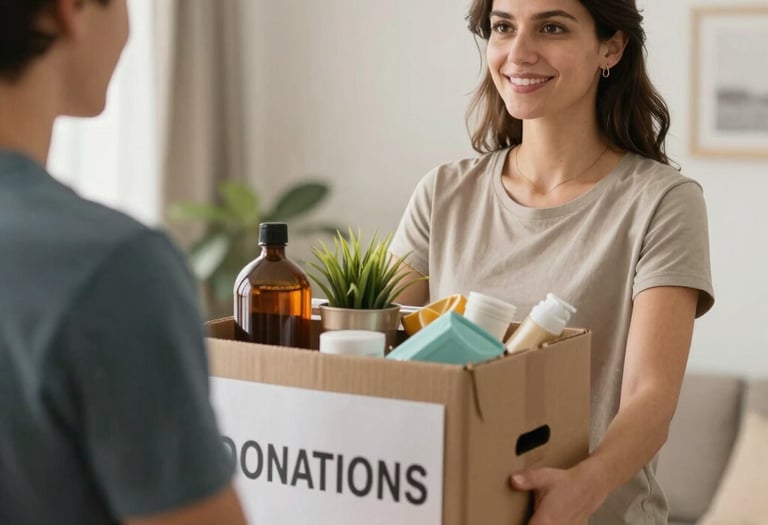 A happy family waving goodbye to donated items, feeling lighter and refreshed.