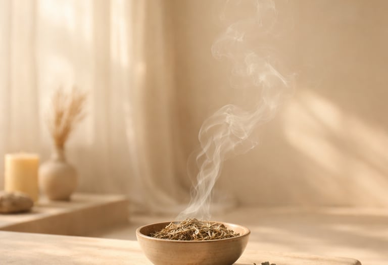 Limpieza del campo energético, vela y humo suave en tonos beige