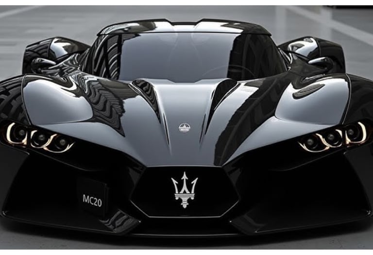 Front view of a sleek black Maserati MC20 luxury concept car with aerodynamic curves and LED headlights.