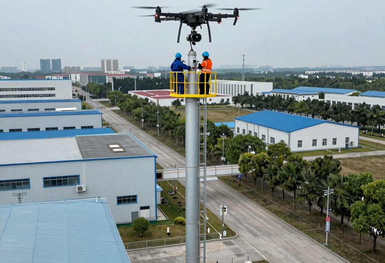 Dron w czasie inspekcji nad wieżą techniczną z dwoma pracownikami
