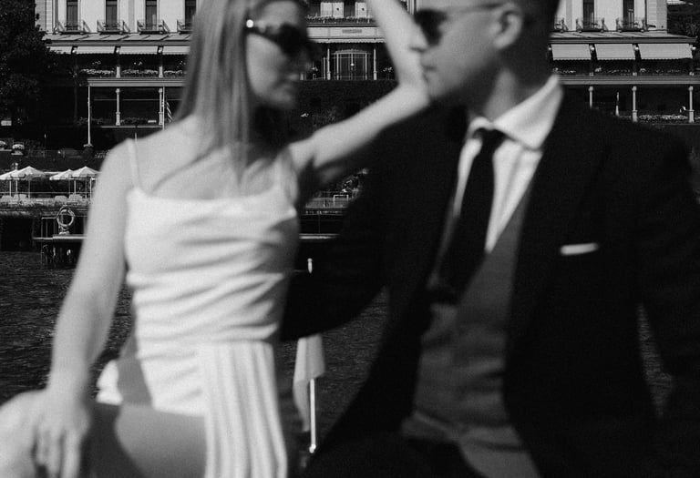 wedding session on a boat next to Grand Hotel Tremezzo in Lake Como