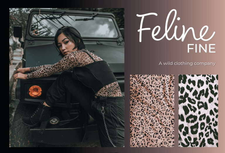 Feline Fine brand identity showcasing logo, typography, and colour scheme for a modern fashion brand