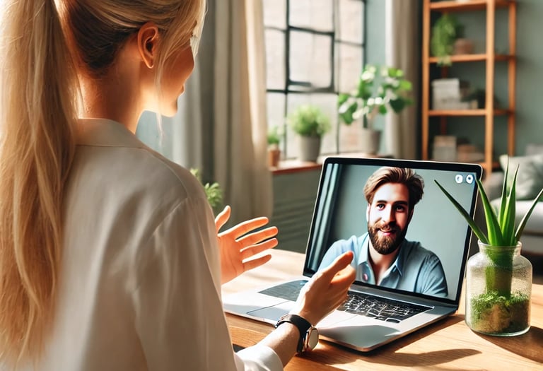 Frau sitzt vor Laptop auf dem ein Psychotherapeut zu sehen ist und macht eine online Psychotherapie