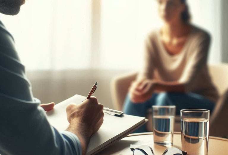 Ein Mann macht Notizen auf einem Block während einer Psychotherapiesitzung eine Frau sitzt gegenüber