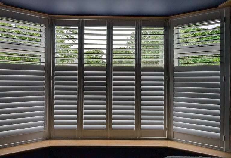 White plantation shutters fitted to bay window in Aberdeen home