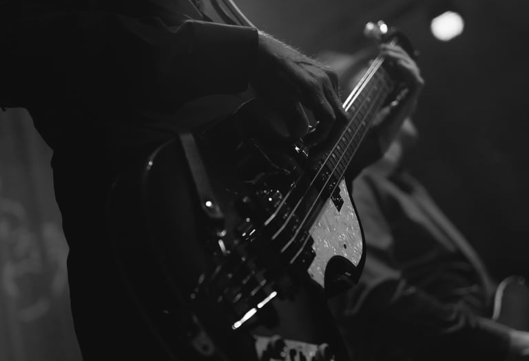 Bassist mit Hut spielt live auf der Bühne. Stimmungsvolle Schwarz-Weiß-Konzertfotografie von Just Perspectives.