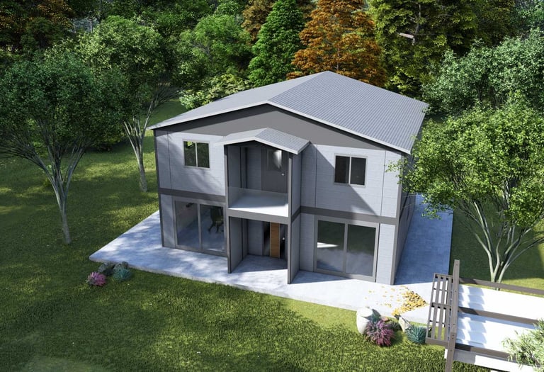 a house with a large backyard area and a deck