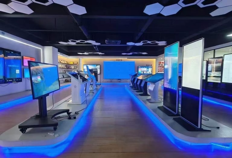 ClaraTech global showroom displaying a full range of C-curved gaming monitors and industrial touch k