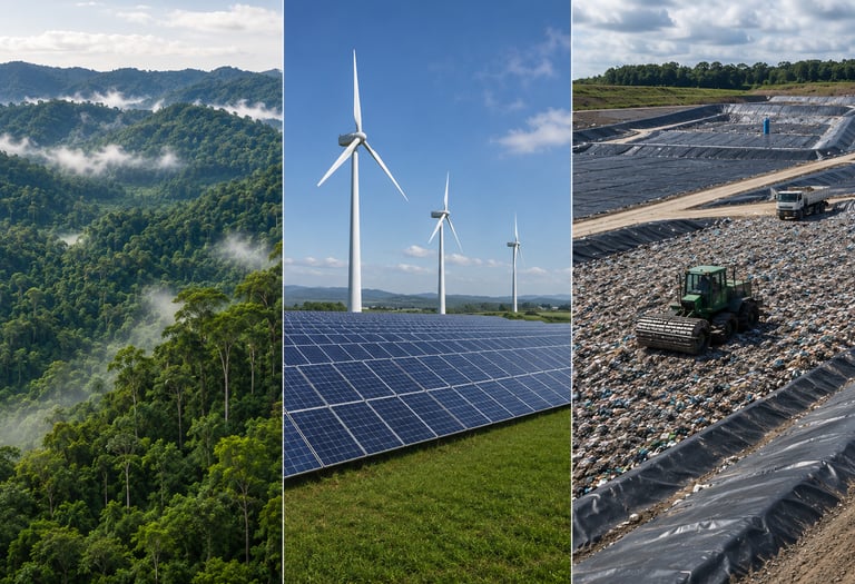 Triptych of a lush green rainforest, renewable energy wind turbines with solar panels, and a waste management landfill.