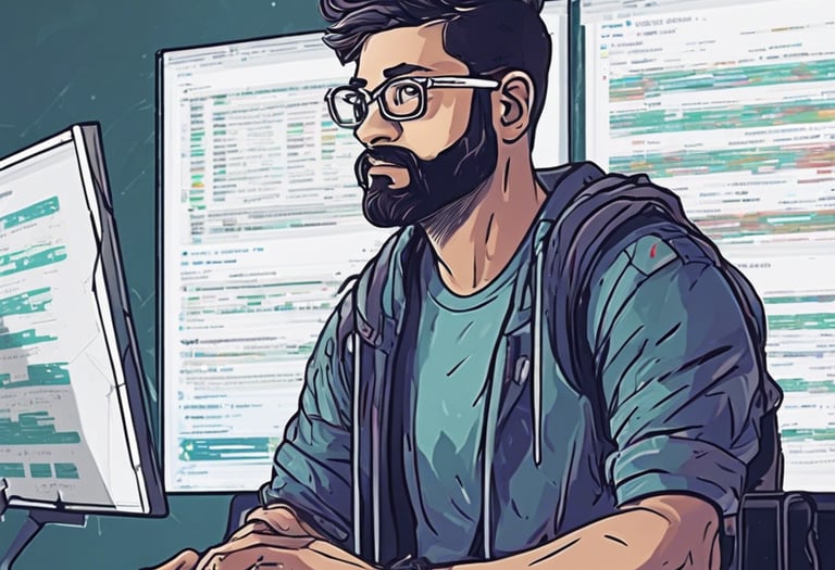 a man sitting in front of two computer monitors