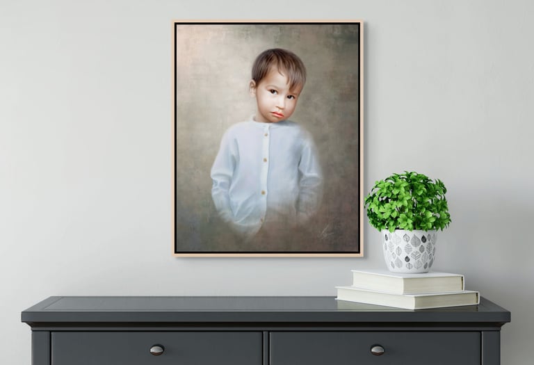 a portrait of a young boy in a white shirt