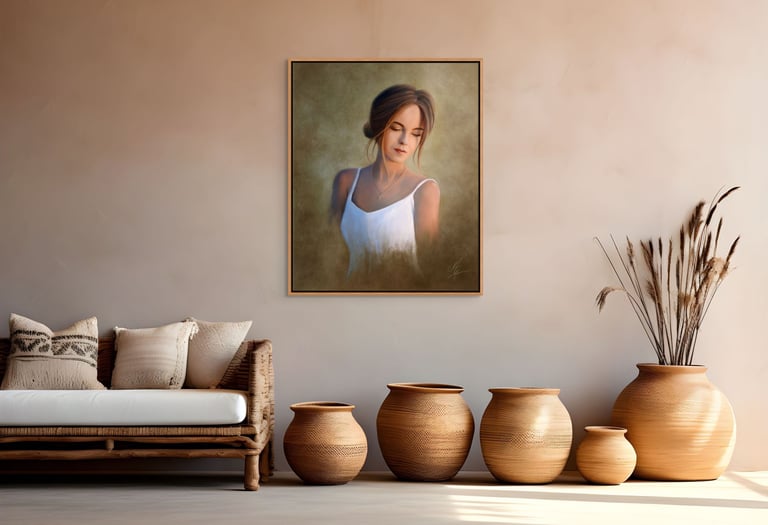 a living room with a couch and vases and painting of a young woman