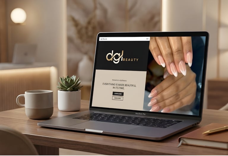 A laptop on a desk displaying a professional beauty salon website featuring ombre manicure nail art.