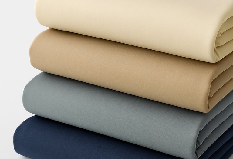Variedade de tecidos para confecção, uniformes e produção industrial.