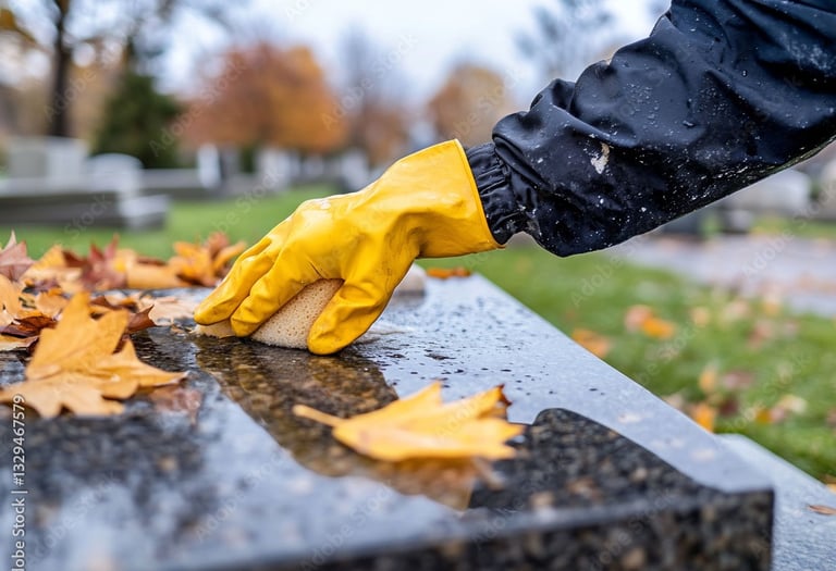a person cleaning a headstone